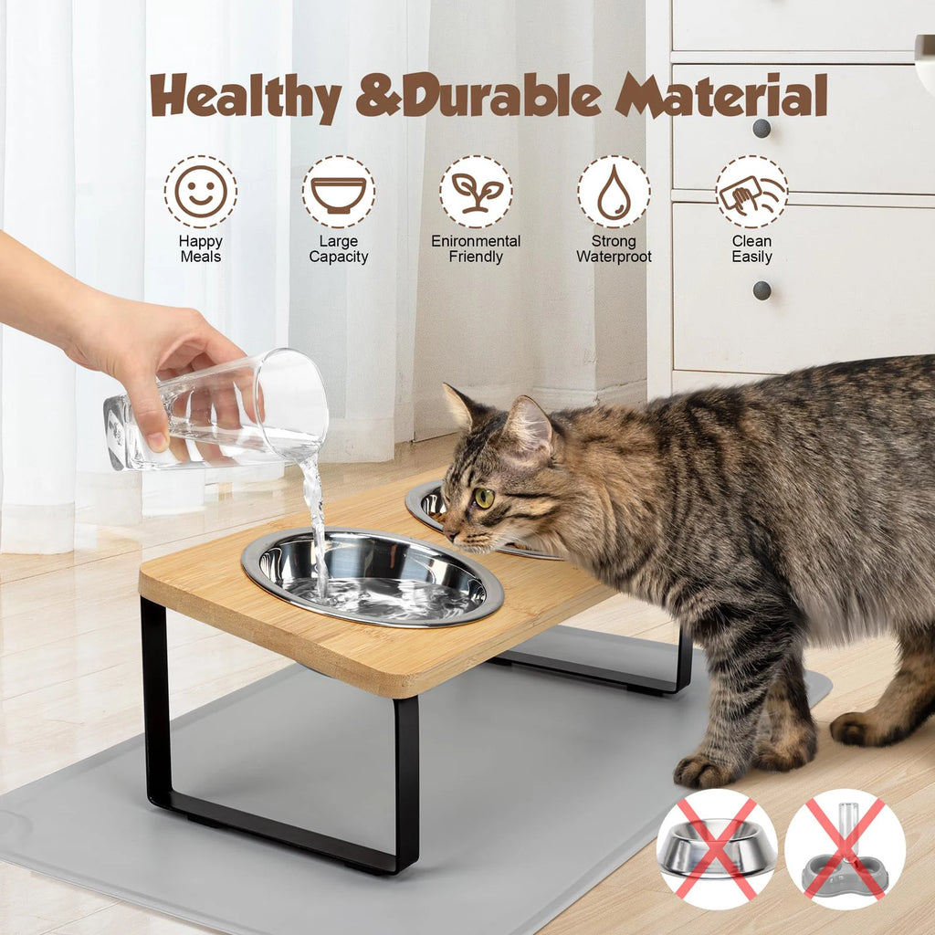 Sniff Joy Elevated Cat Bowl Set – 15° Tilted Stainless Steel Bowls with Mat