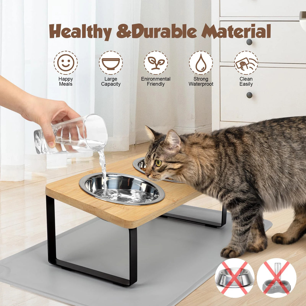 Sniff Joy Elevated Cat Bowl Set – 15° Tilted Stainless Steel Bowls with Mat