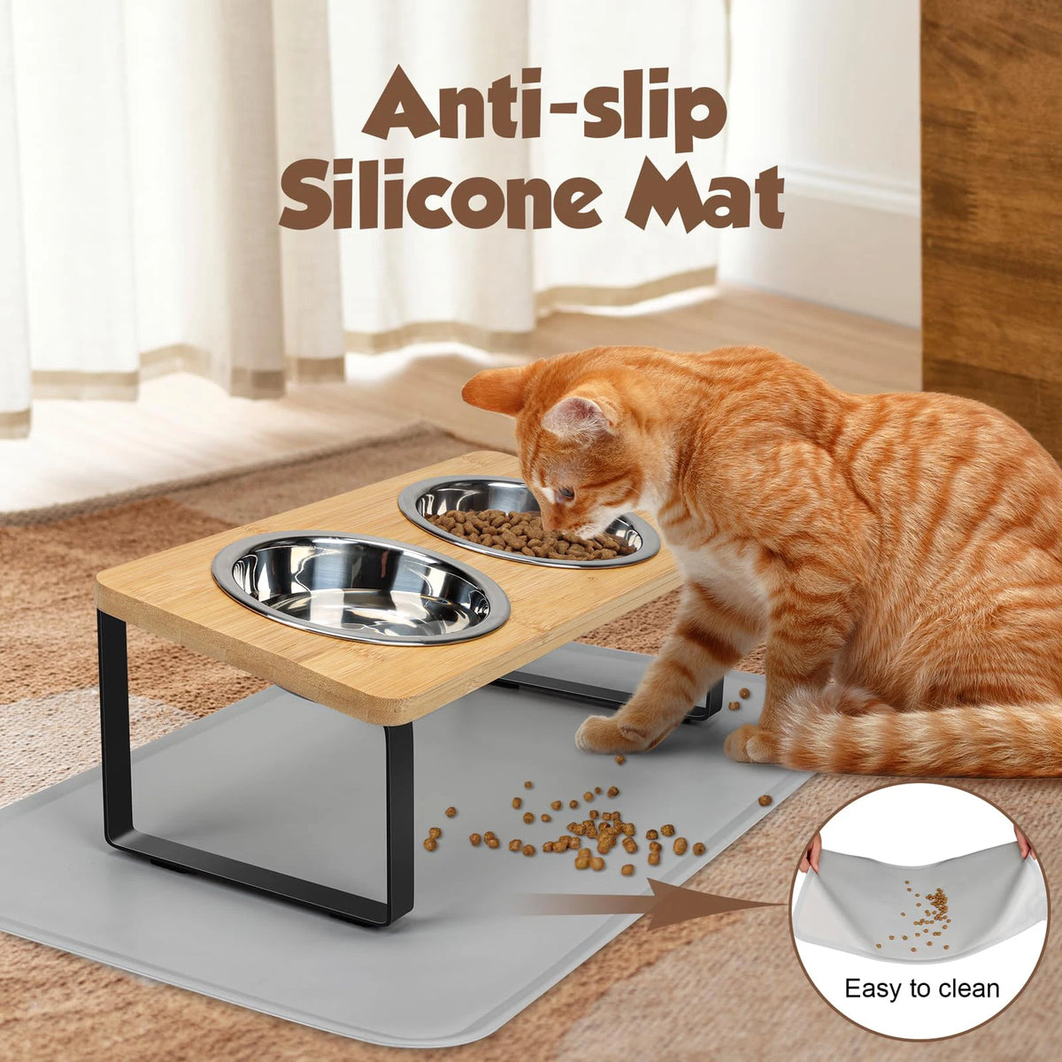 Sniff Joy Elevated Cat Bowl Set – 15° Tilted Stainless Steel Bowls with Mat