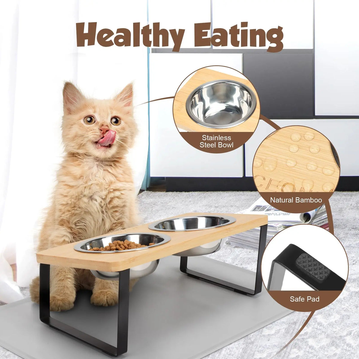 Sniff Joy Elevated Cat Bowl Set – 15° Tilted Stainless Steel Bowls with Mat