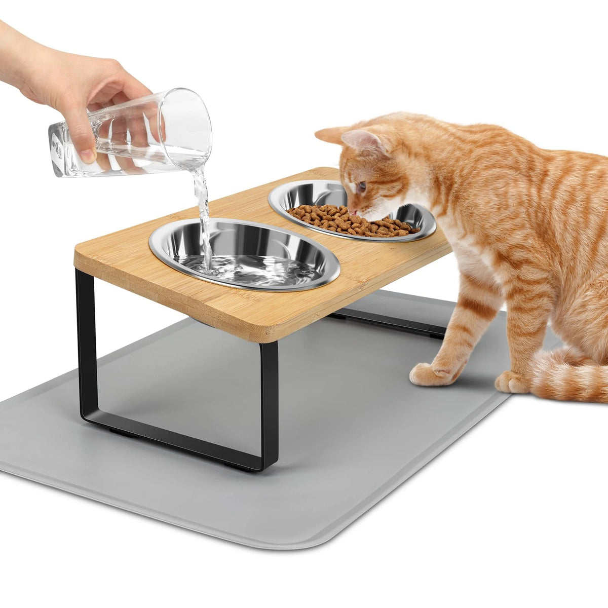 Sniff Joy Elevated Cat Bowl Set – 15° Tilted Stainless Steel Bowls with Mat