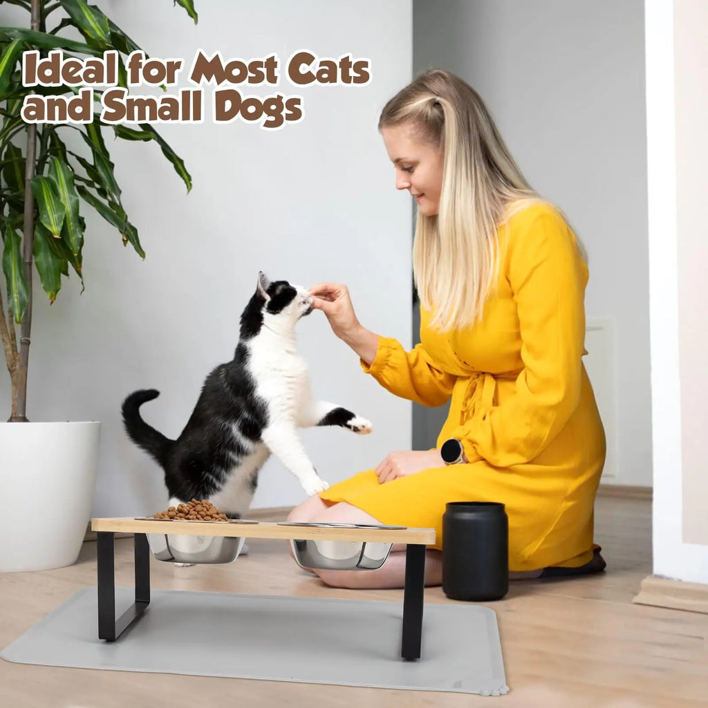 Sniff Joy Elevated Cat Bowl Set – 15° Tilted Stainless Steel Bowls with Mat
